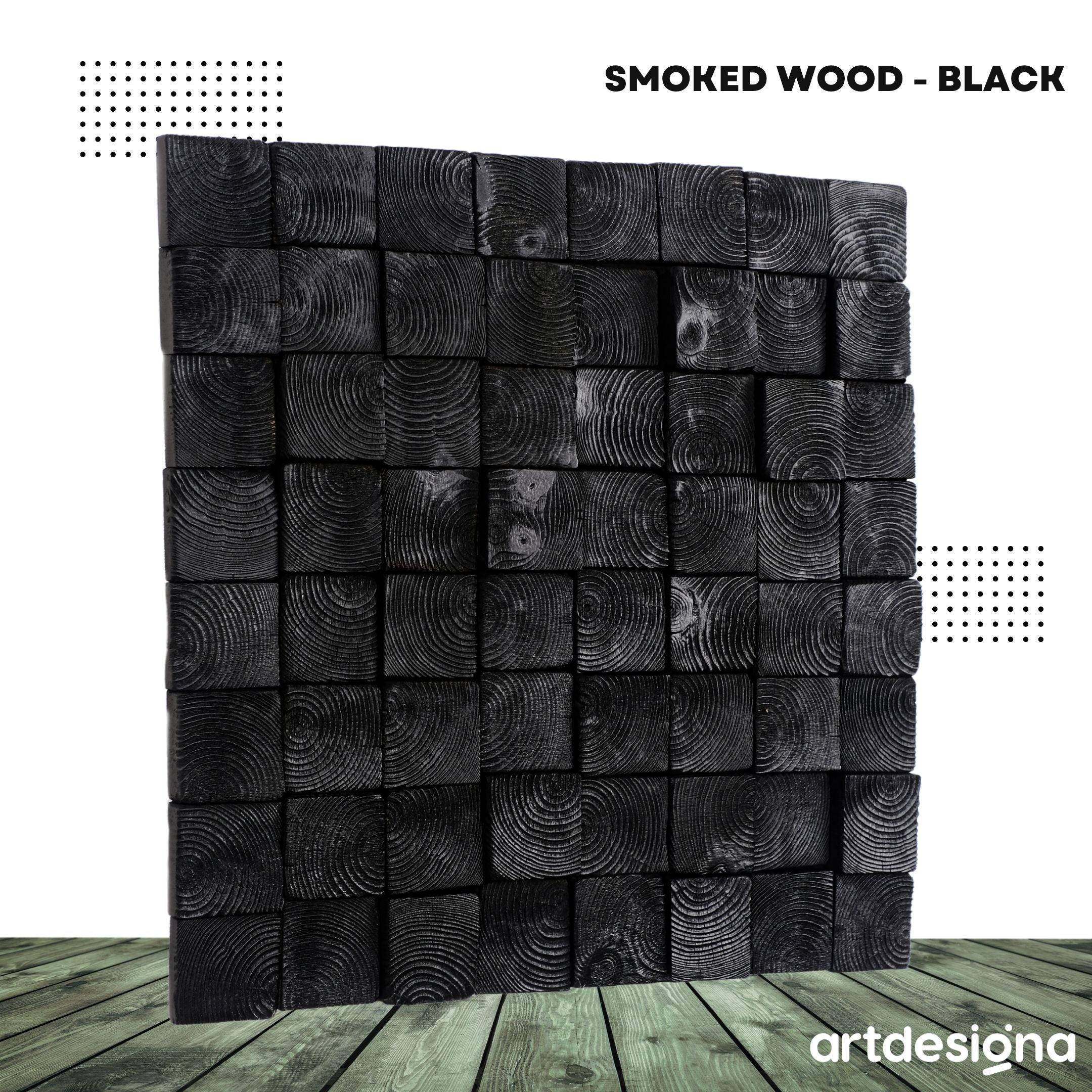 Smoked black wood wall sculpture featuring modern, abstract design, crafted by Artdesigna for stylish wall decor.