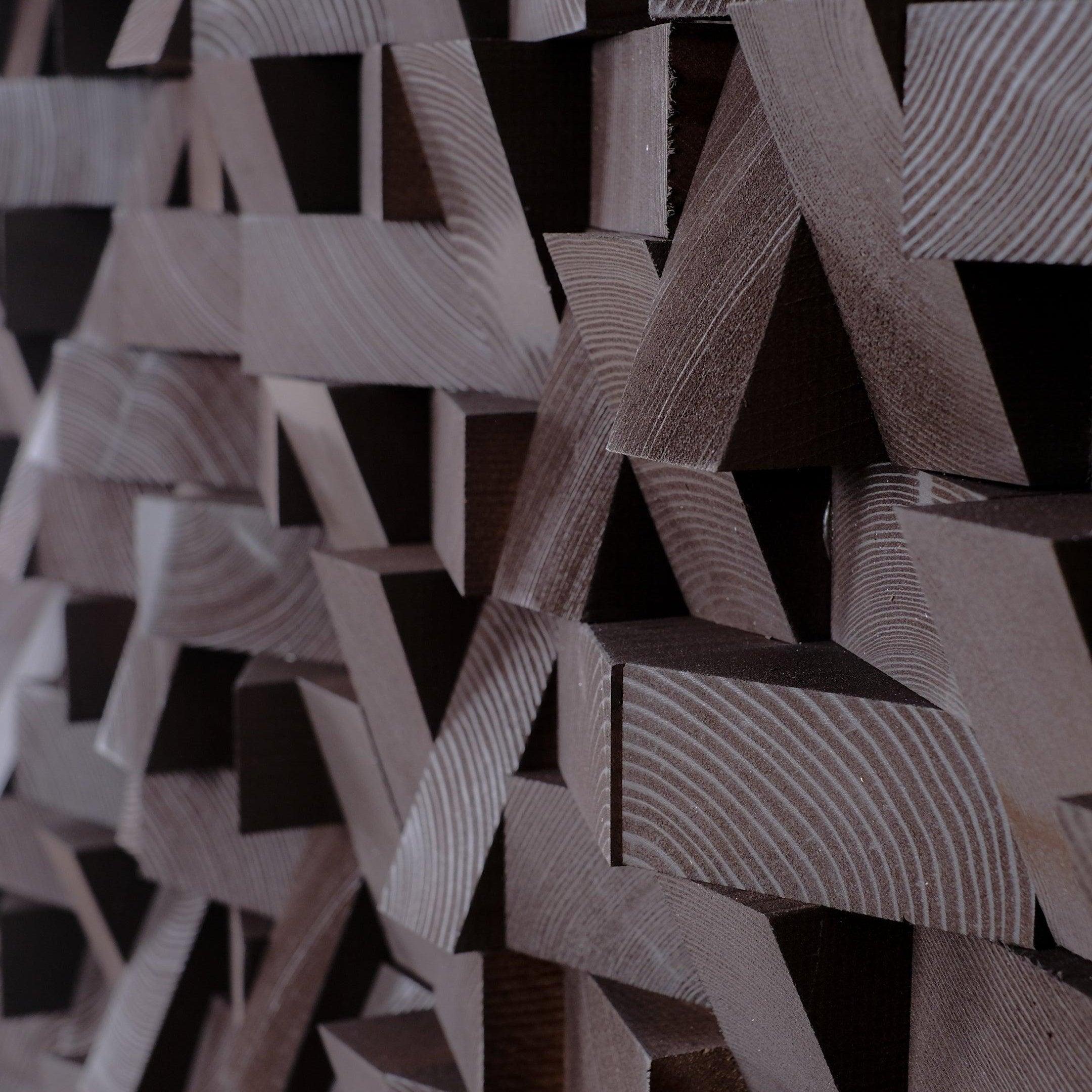 Chocolate diamond wood wall sculpture by Artdesigna, modern wood wall art with geometric design and rich brown finish.