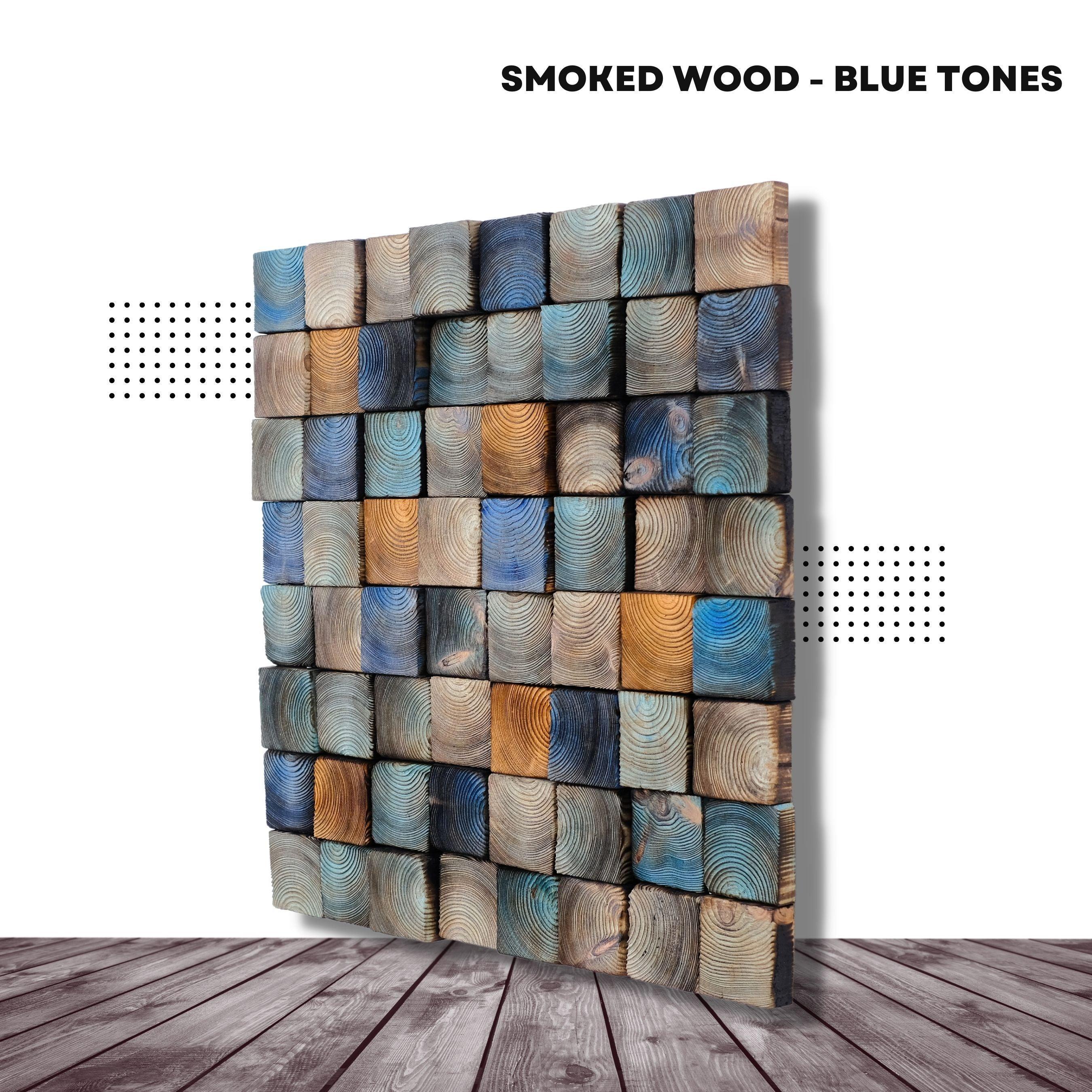 Smoked blue wooden wall sculpture by Artdesigna, modern wood wall art with textured, abstract design for interior decor.