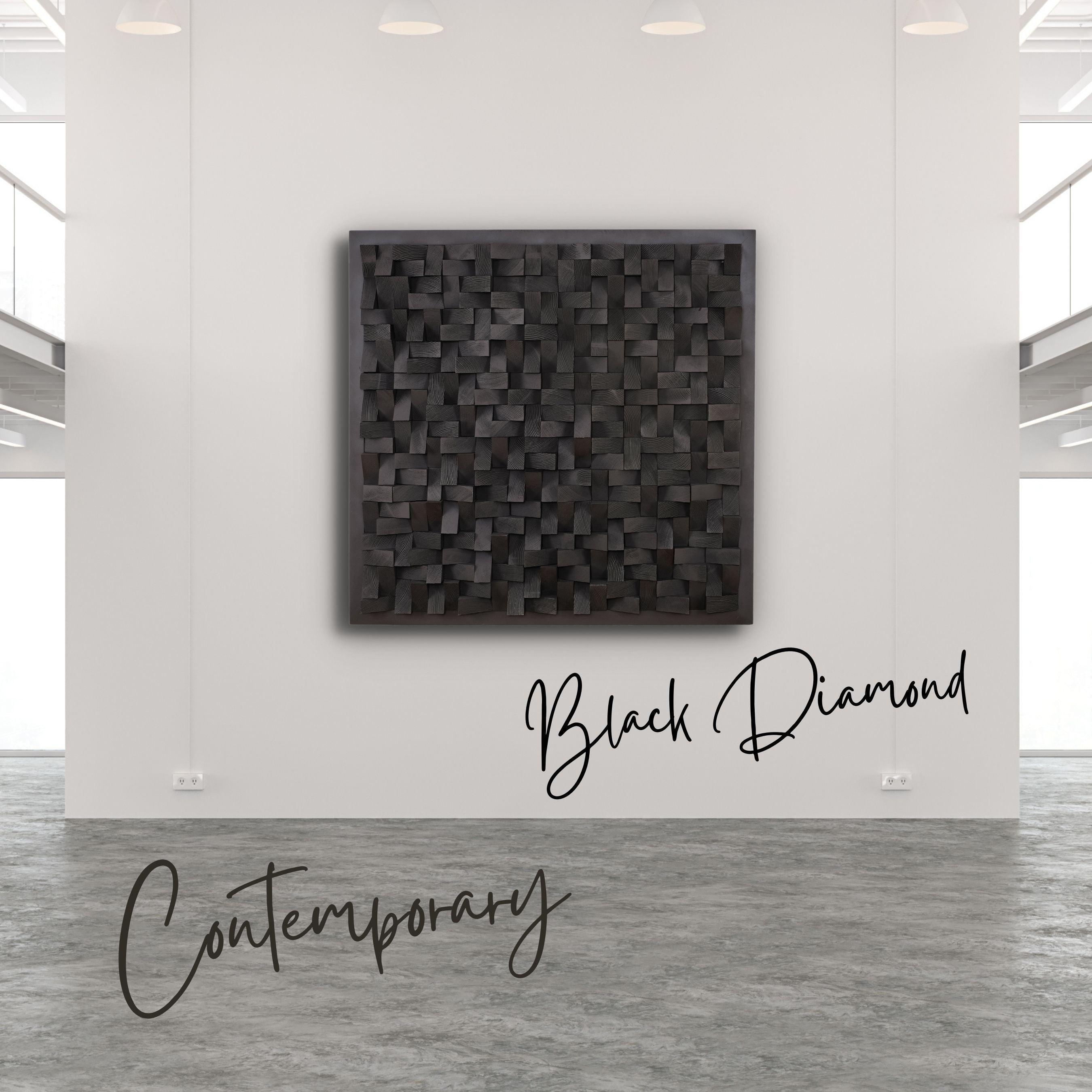 Black Diamond Wood Wall Sculpture by Artdesigna, modern geometric wood wall art with black diamond-shaped design.