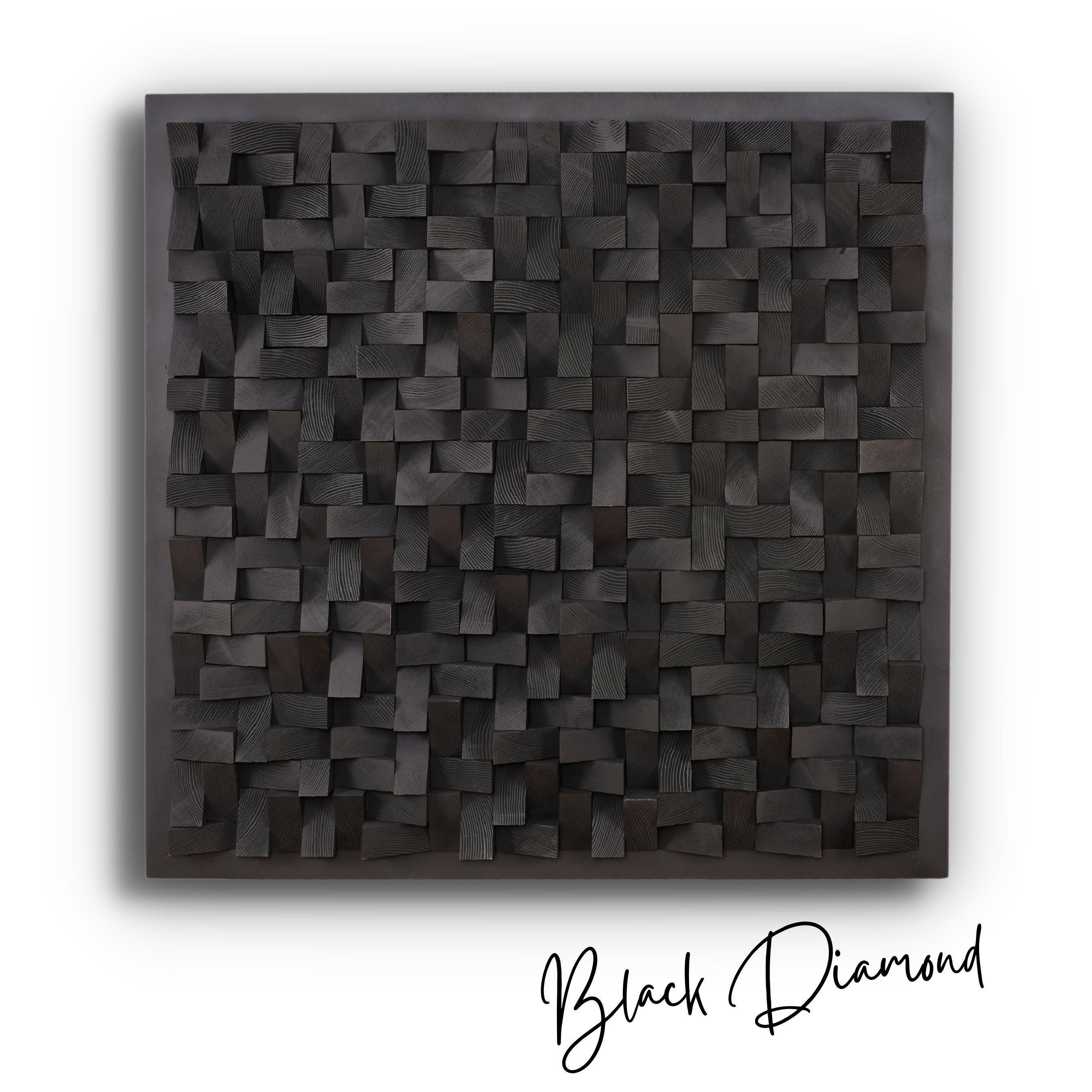 Black Diamond Wood Wall Sculpture by Artdesigna, modern wall art featuring geometric black and wood textures for stylish interior decor.