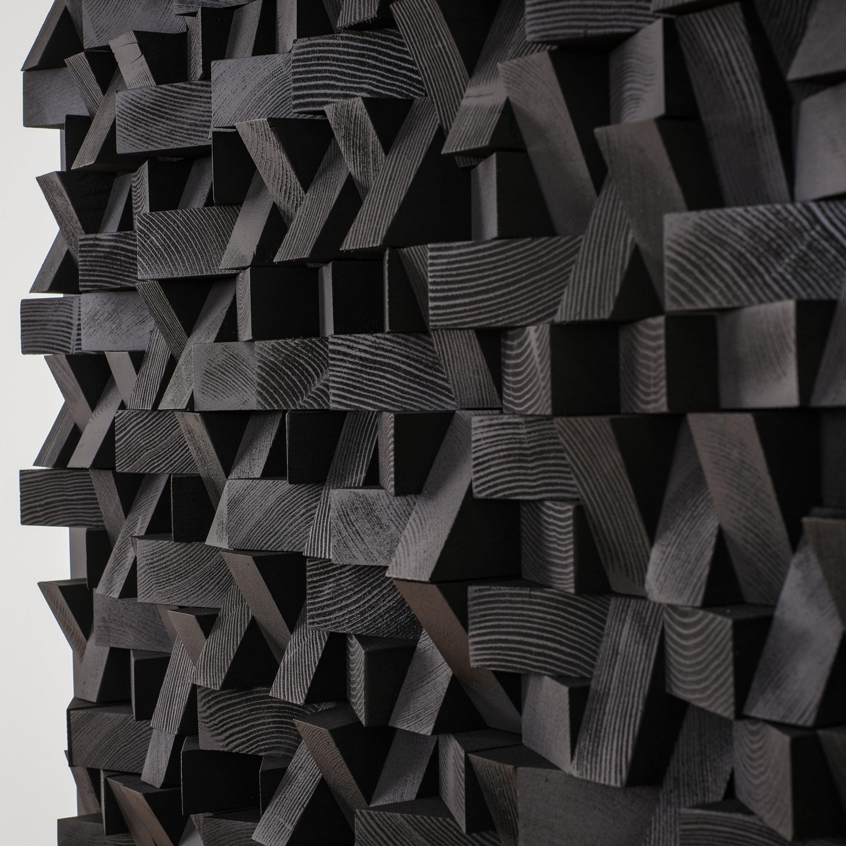 Black Diamond Wood Wall Sculpture by Artdesigna, modern geometric wood wall art with textured black finish for stylish home decor.