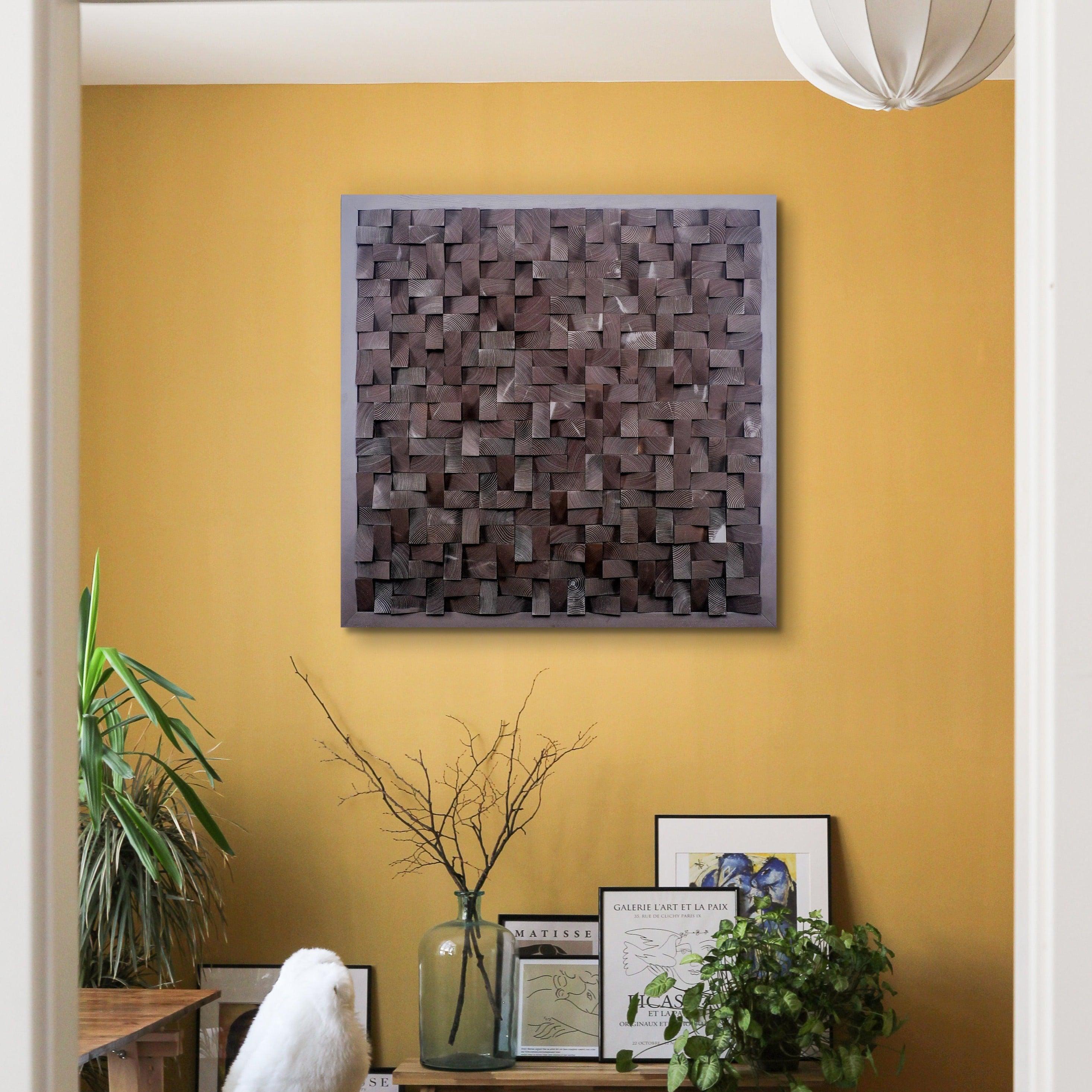 Chocolate diamond wood wall sculpture by Artdesigna, modern wood wall art featuring geometric geometric design and natural wood finish.