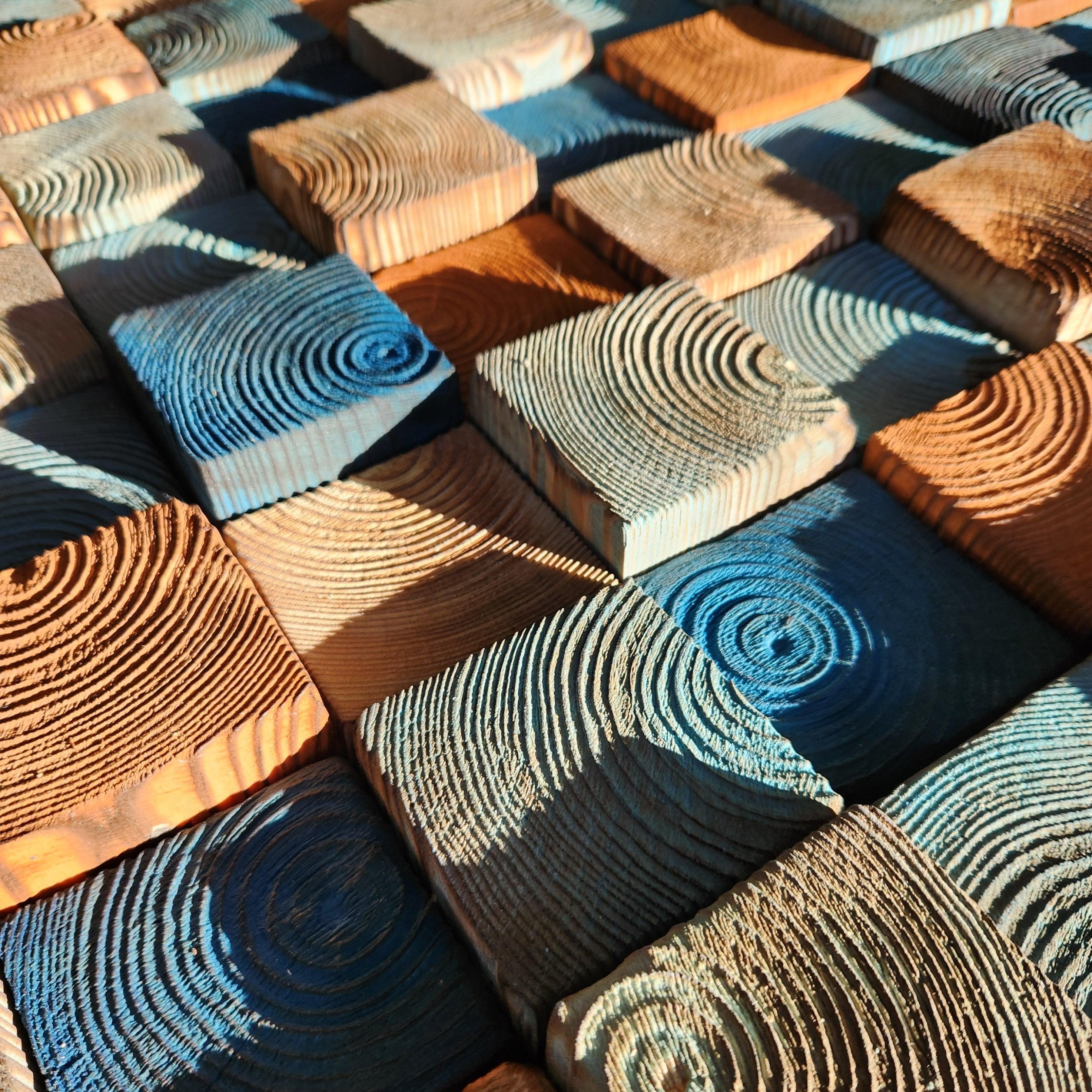 Smoked blue wood wall sculpture by Artdesigna, modern abstract wall art with textured wooden panels for contemporary decor.