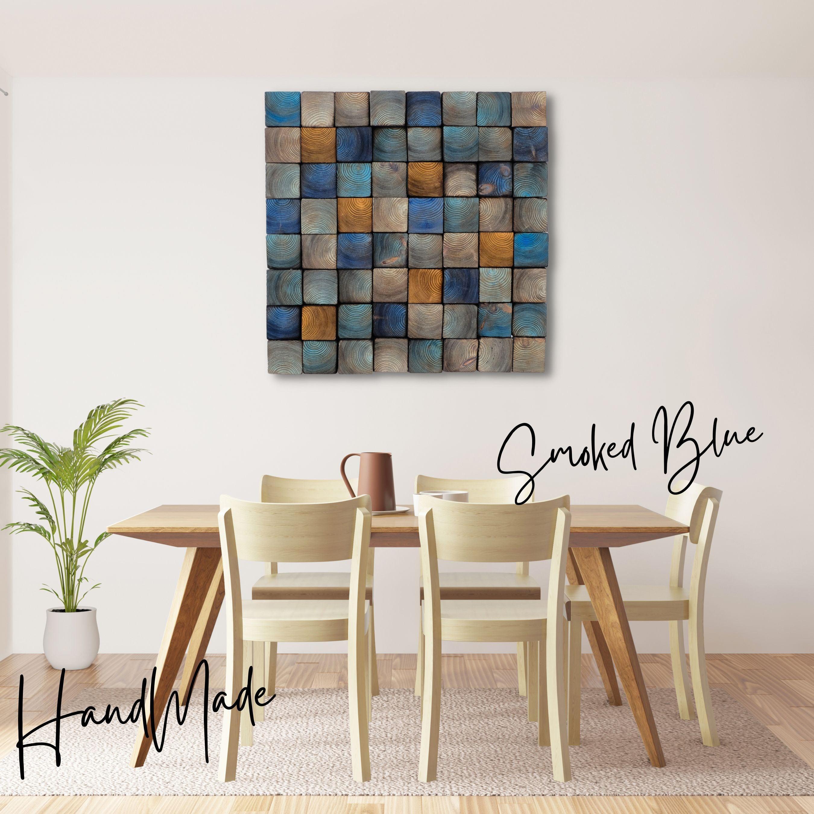 Smoked blue wood wall sculpture by Artdesigna, modern abstract wall art with textured wooden design for decorative interior display