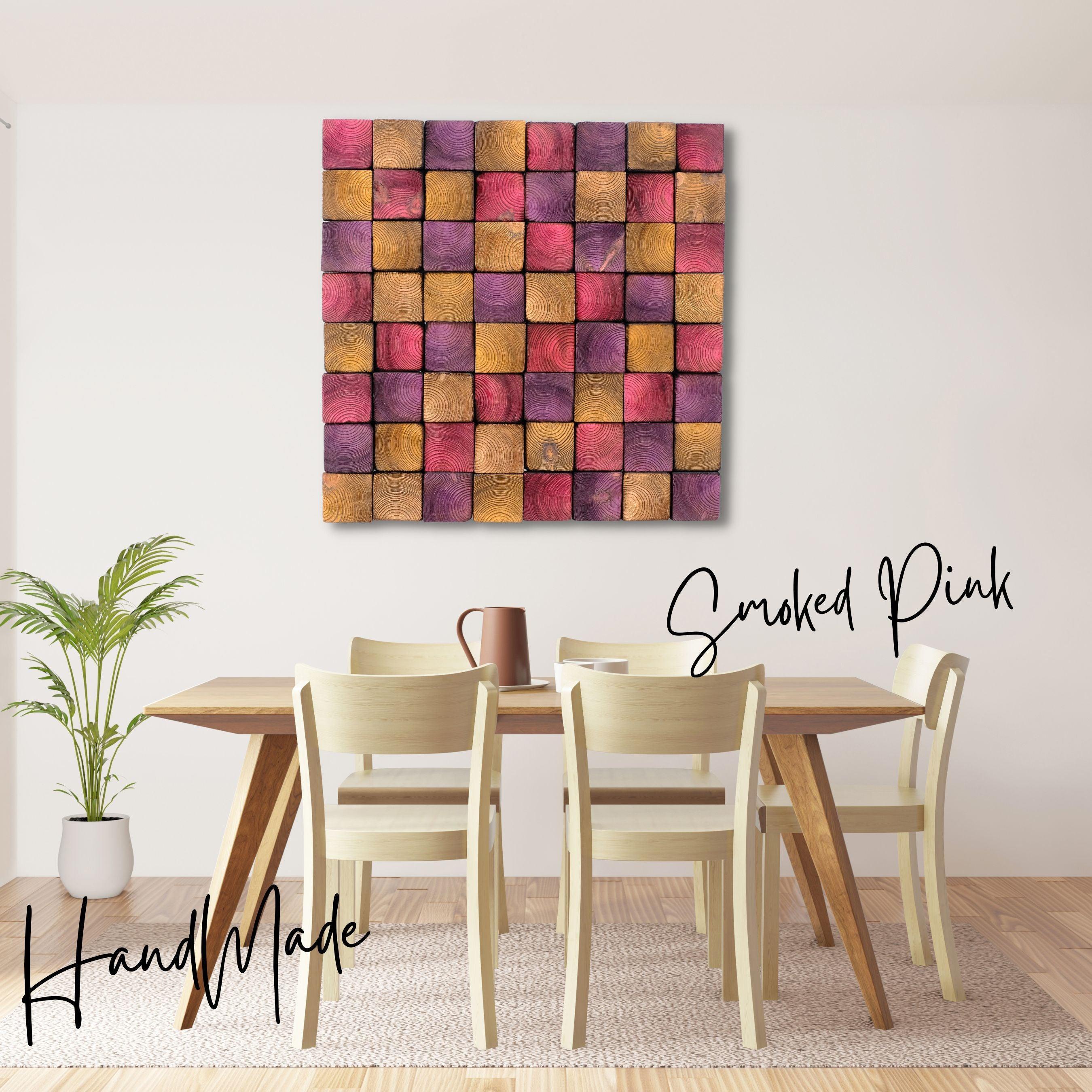 Smoked pink wooden wall sculpture by Artdesigna, modern wood wall art with layered textured design for stylish home decor.