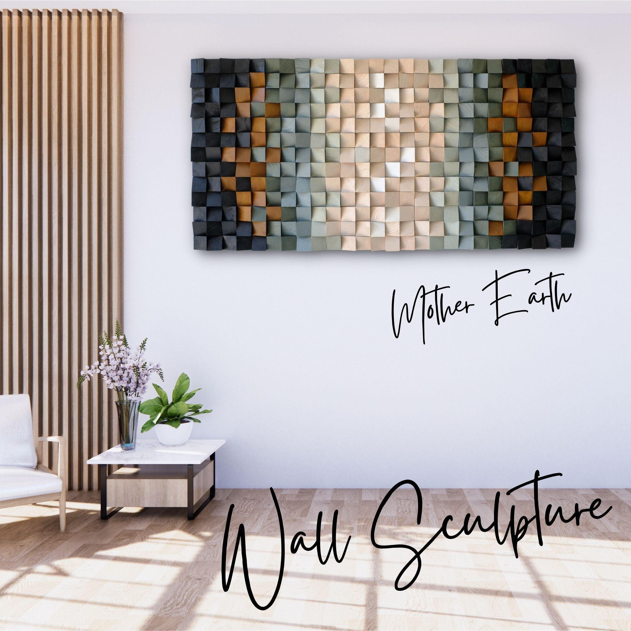Wood wall sculpture featuring a Mother Earth design by Artdesigna, natural wood finish, decorative wall art piece.