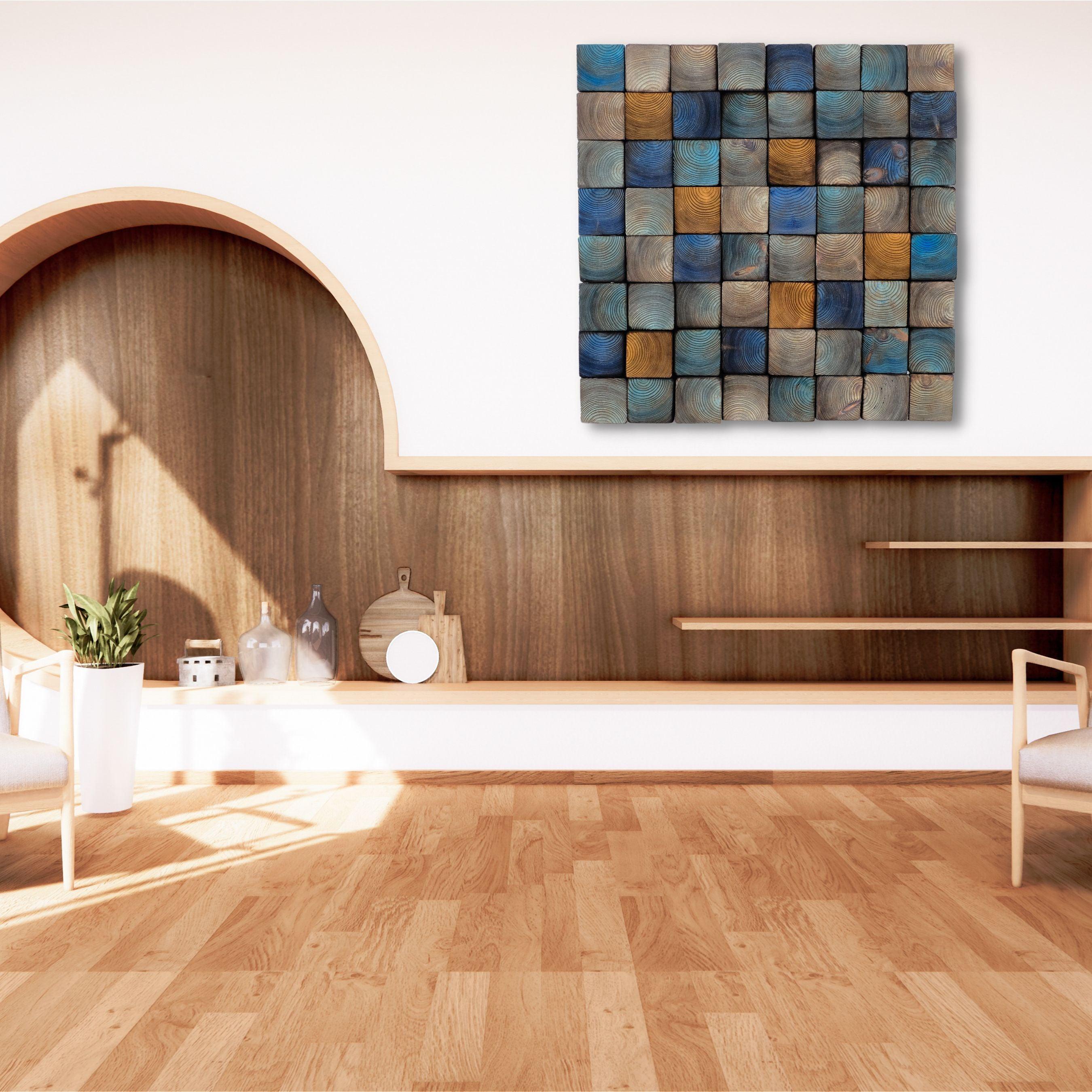 Smoked blue wood wall sculpture by Artdesigna featuring abstract, textured wooden art for modern wall decor.