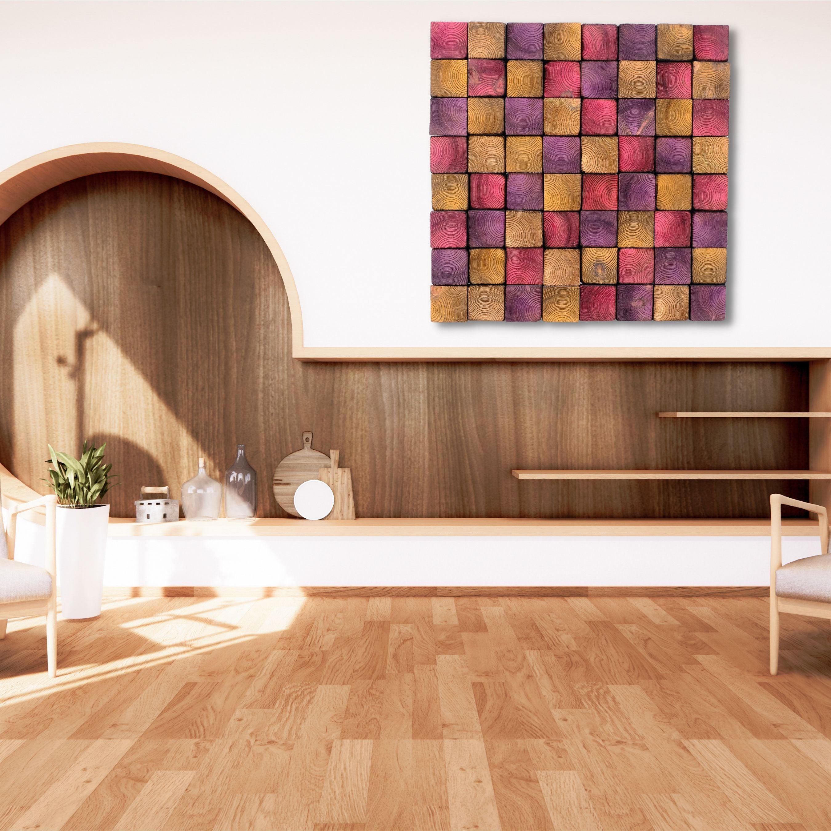 Smoked pink wood wall sculpture by Artdesigna, abstract wall art piece with layered wooden textures on a neutral background.