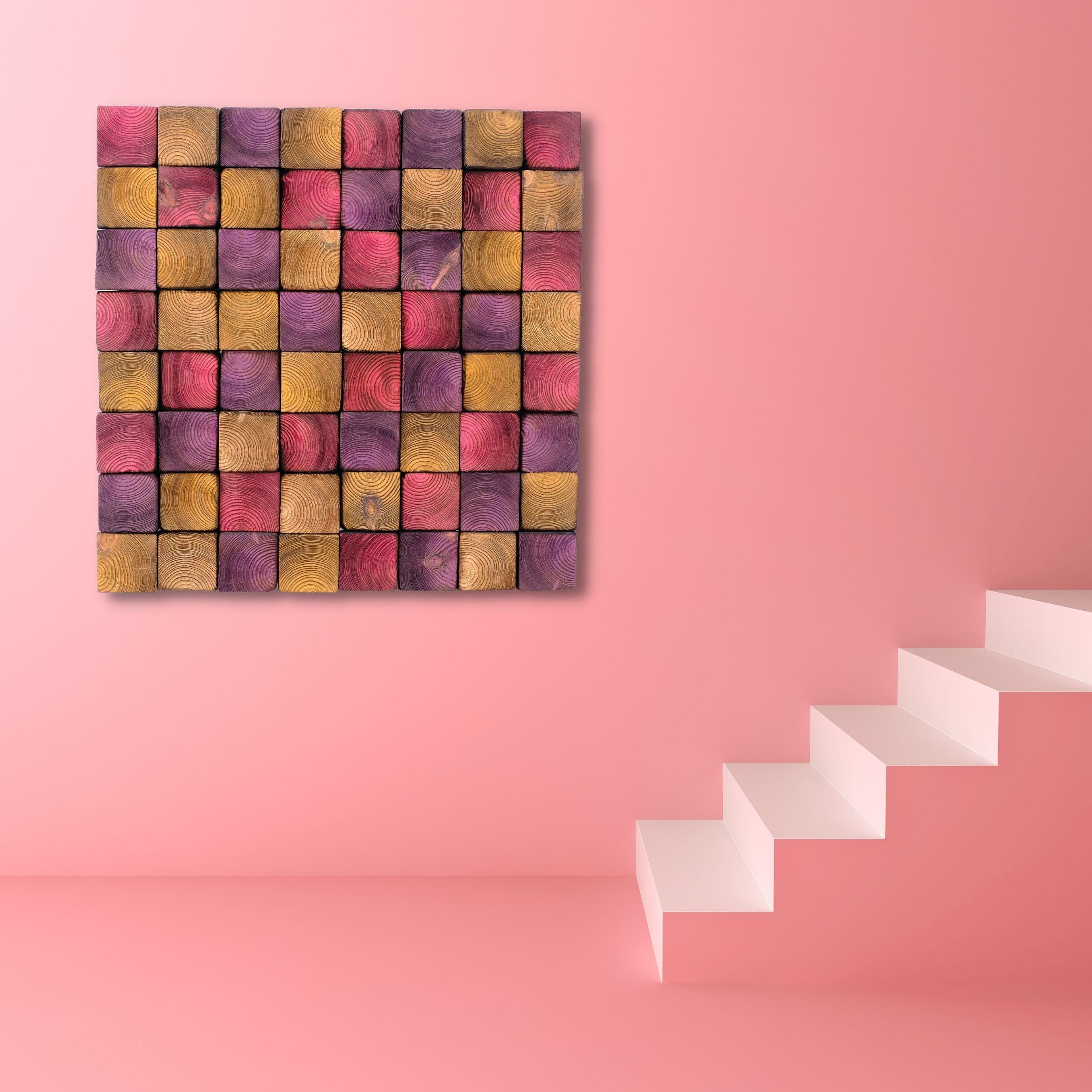 Smoked pink wood wall sculpture by Artdesigna, modern abstract wall art featuring layered wooden panels for contemporary decor.