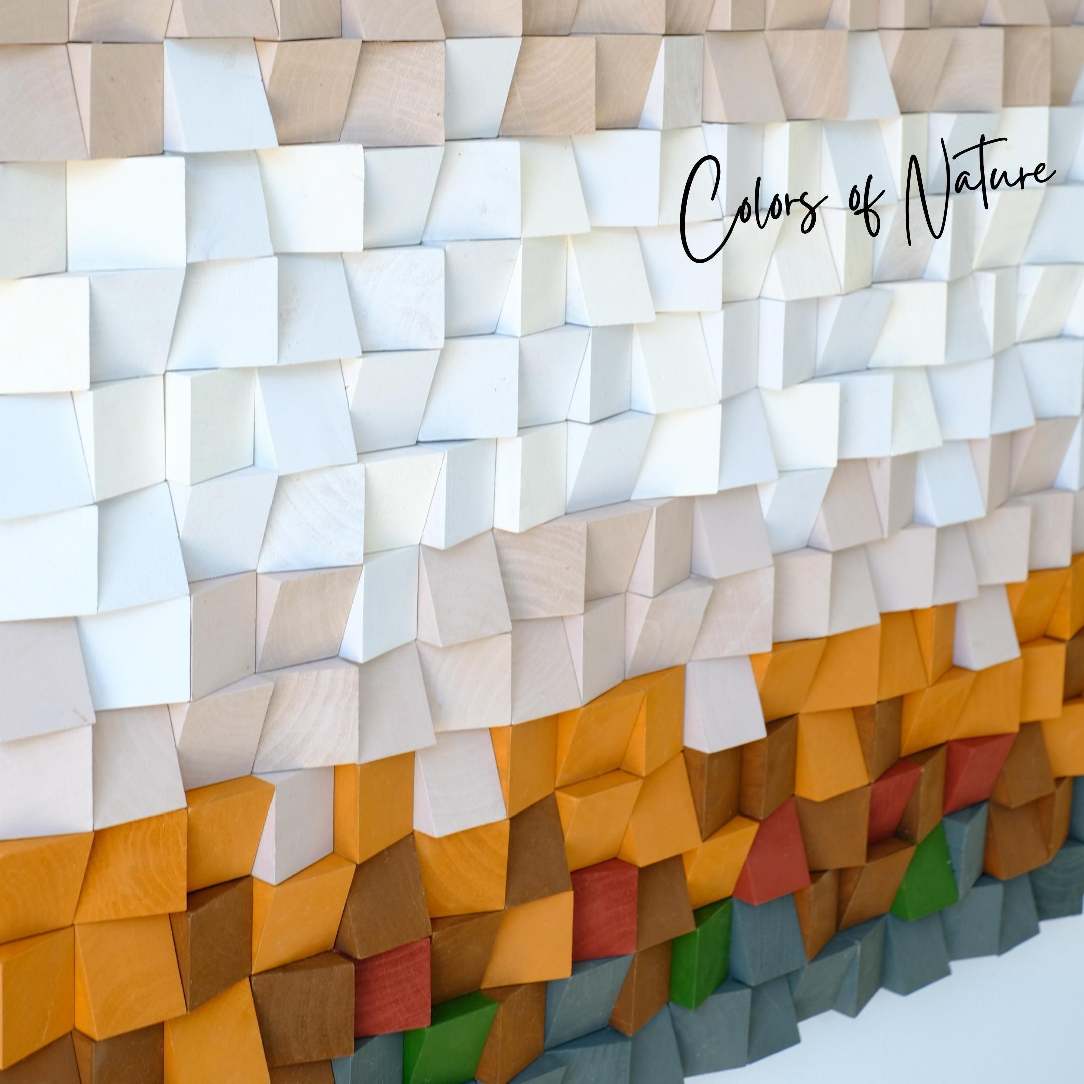 Colors of Nature Artdesigna wood wall sculpture featuring layered natural wood pieces arranged as modern wall art.