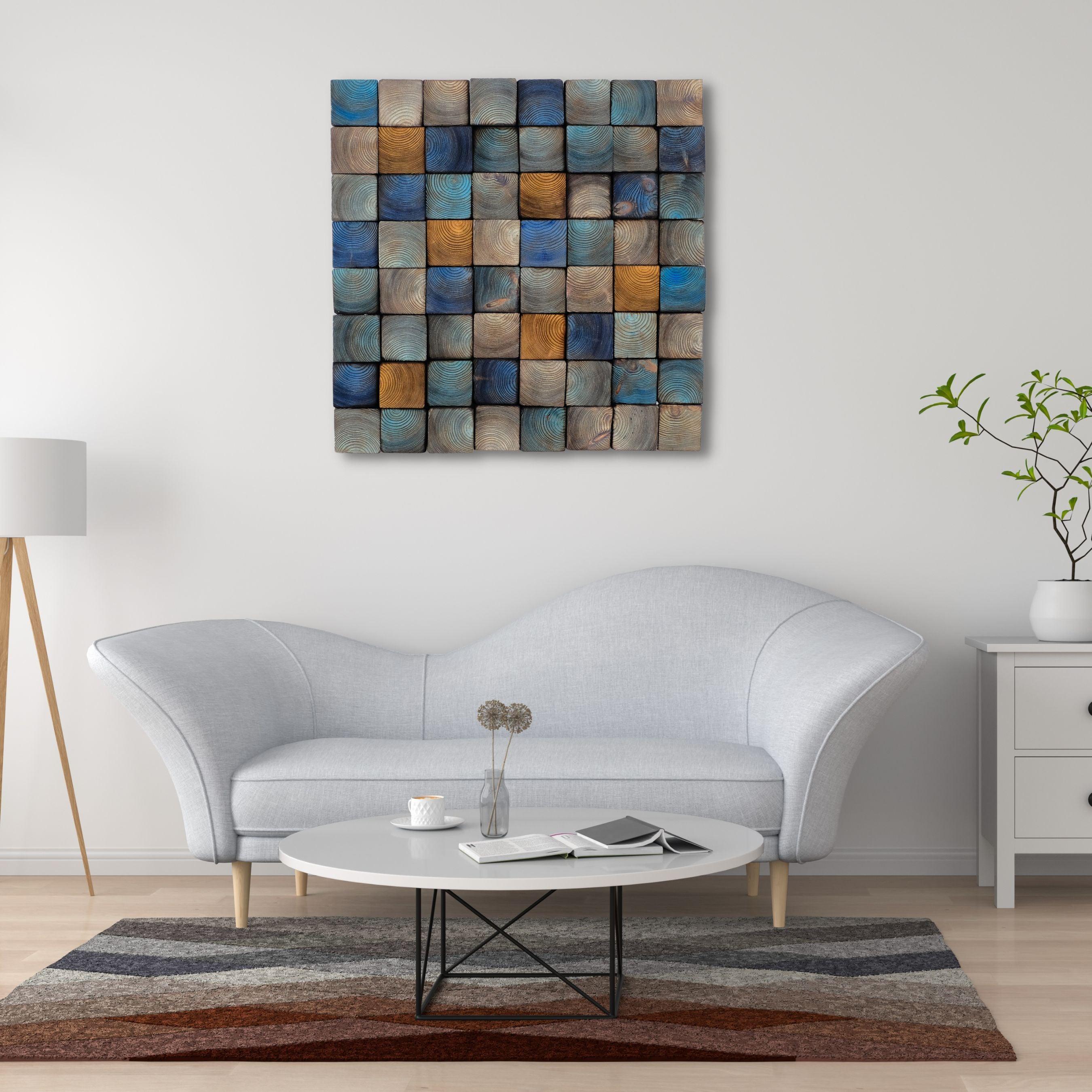 Smoked blue wood wall sculpture by Artdesigna, abstract wall art with textured wooden panels for modern interior decor.
