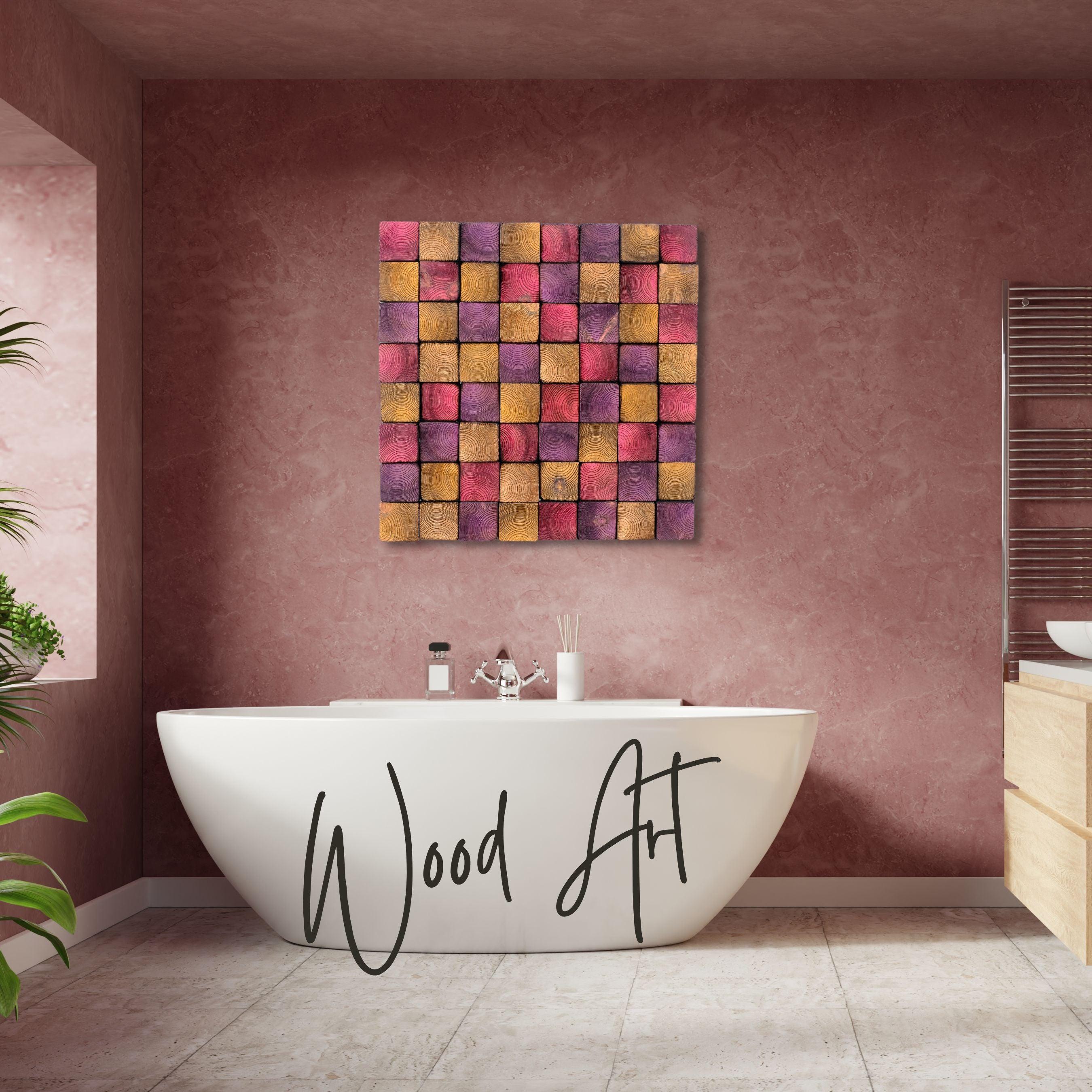 Smoked pink wood wall sculpture by Artdesigna, modern abstract wall art for interior decor, showcasing textured wooden panels.