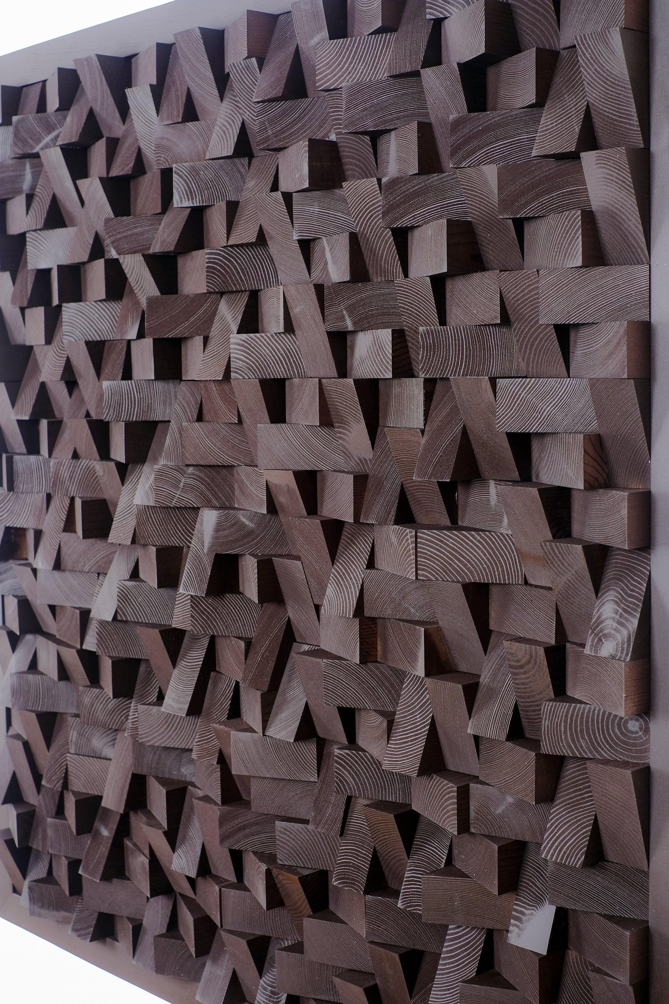 Chocolate diamond wood wall sculpture by Artdesigna, modern wooden wall art featuring geometric design and textured finish.