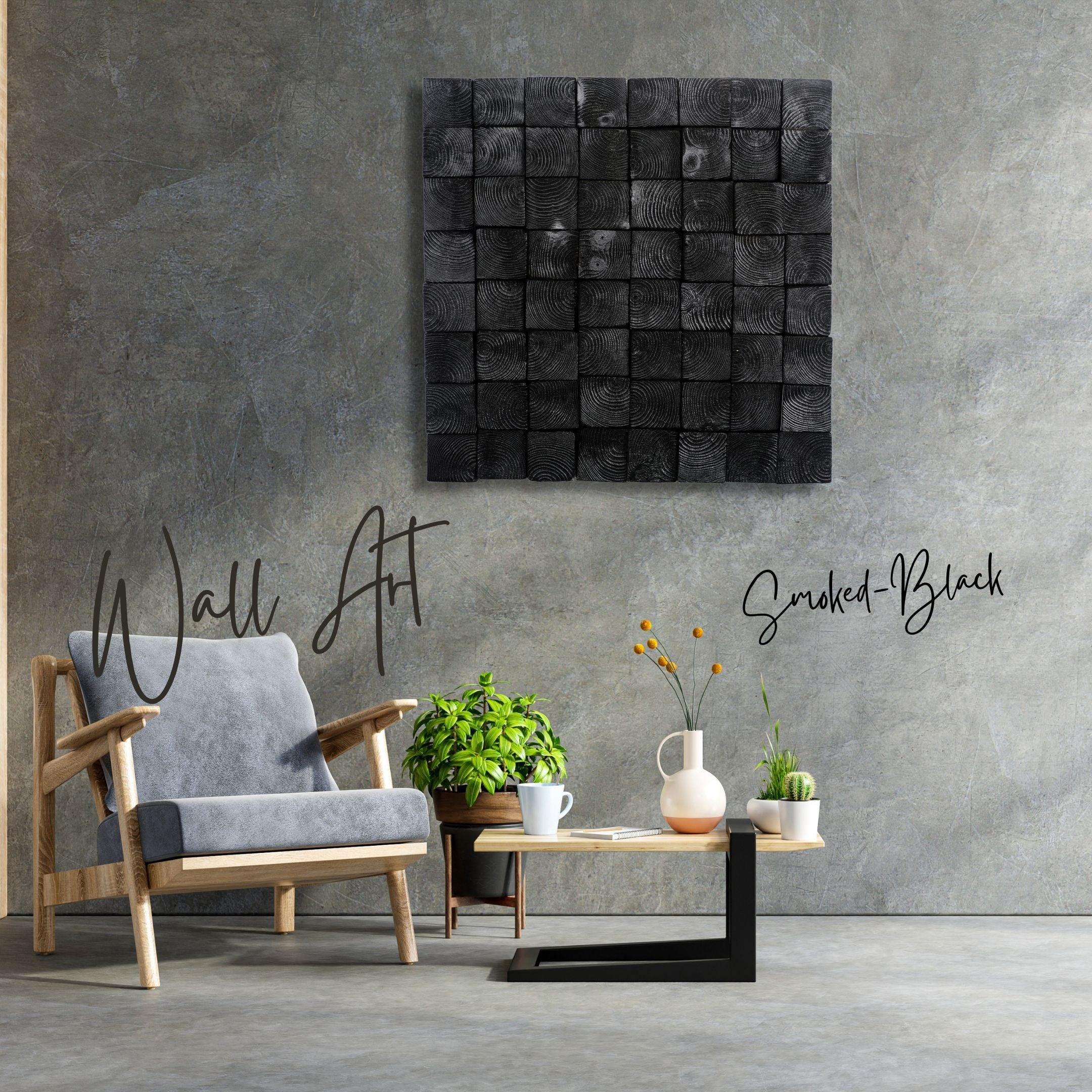 Smoked black wood wall sculpture by Artdesigna, modern wall art featuring abstract textured design for interior decor.