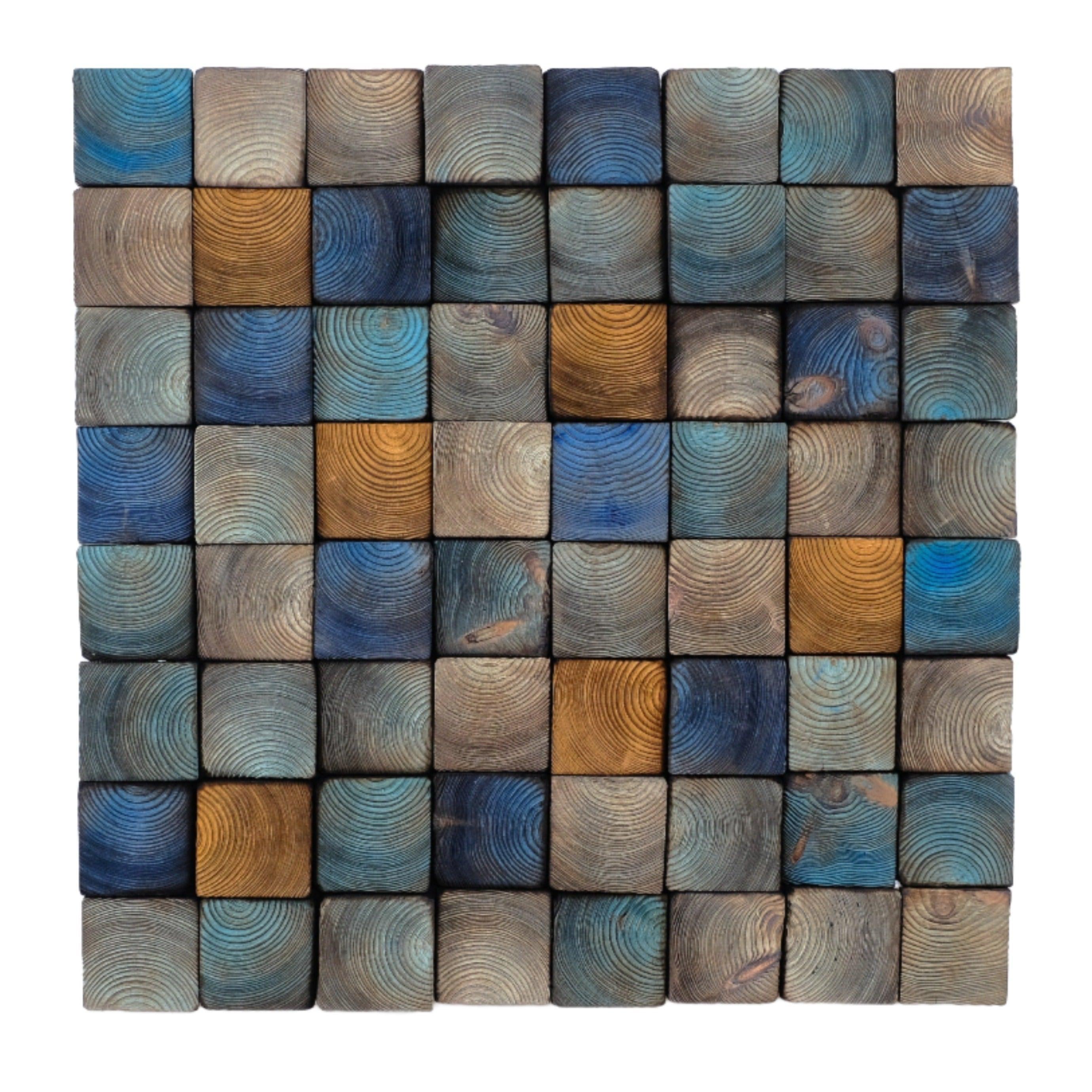 Smoked blue wood wall sculpture by Artdesigna, featuring abstract textured art piece for modern interior decor.