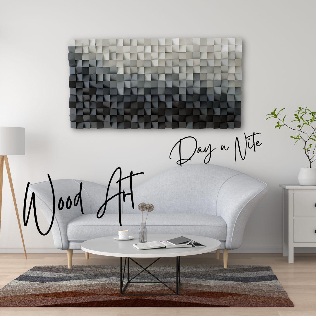 Wood wall art sculpture titled Day n Nite by Artdesigna, featuring intricate wood design with contrasting light and dark tones.
