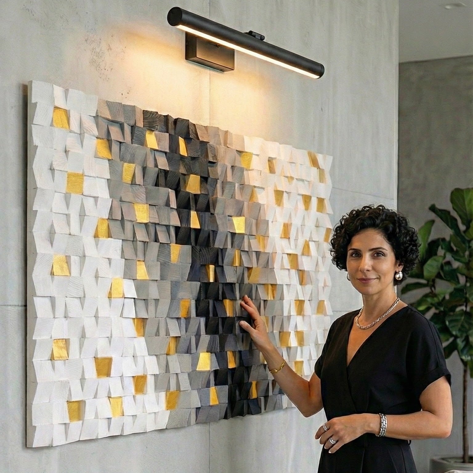 Golden Touchs wooden wall sculpture by Artdesigna featuring intricate geometric designs on a natural wood surface.