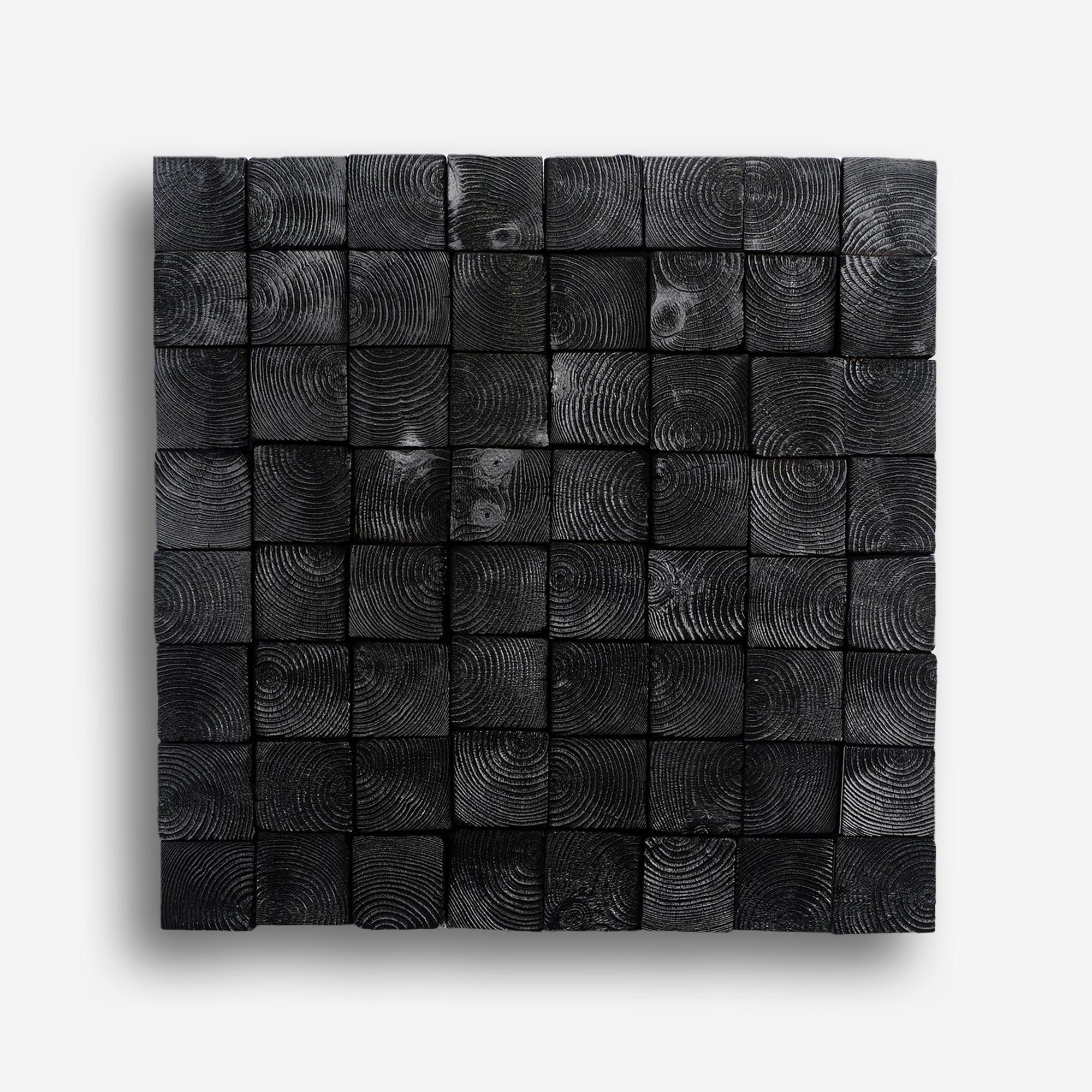 Smoked black wood wall sculpture by Artdesigna, modern abstract wall art with textured wooden panels for contemporary decor.