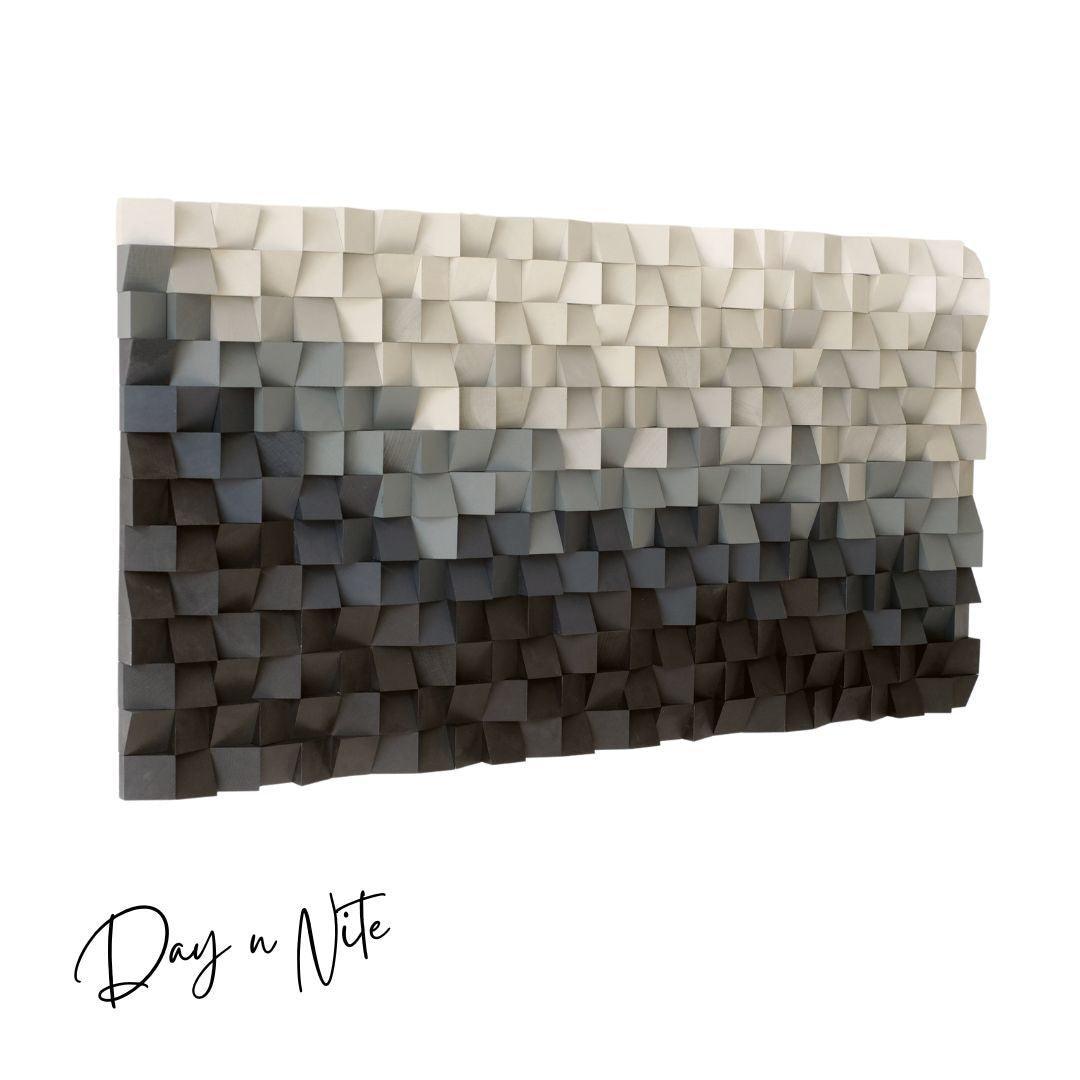 Wood wall art sculpture titled Day n Nite by Artdesigna, featuring a modern, natural wood design suitable for contemporary home decor.